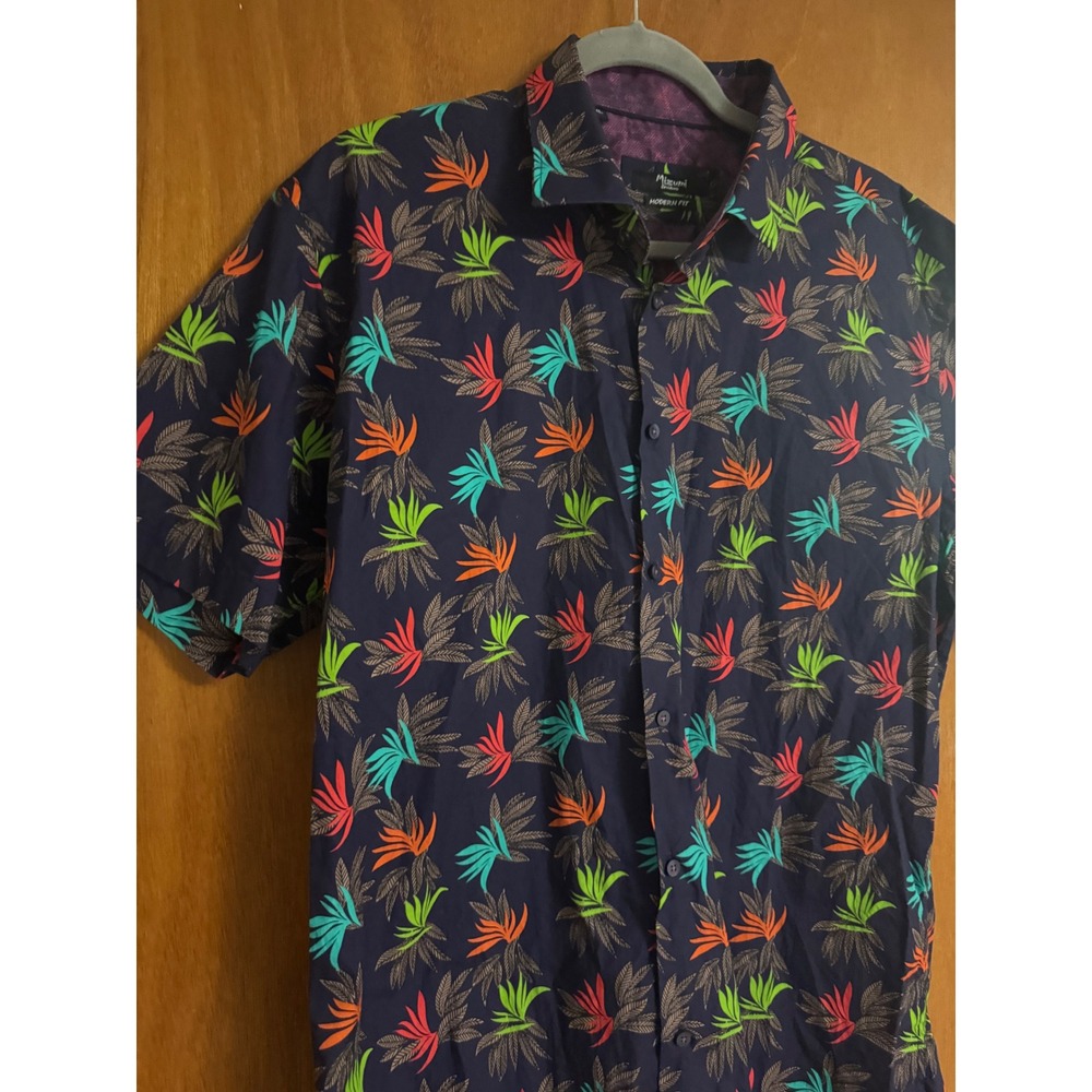 Mizumi Couture Mens XL Modern Fit Tropical Leaf Print Cotton Button Down Shirt - Picture 2 of 6